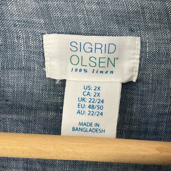 Sigrid Olsen Womens Plus 2X Blue 100% Linen Button Up Shirt Roll Tab Sleeve Top - Picture 4 of 10